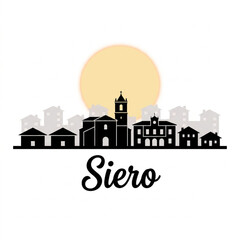 Obraz premium Siero Skyline Silhouette — A Green Valley Asturias Spain Town Vector Illustration
