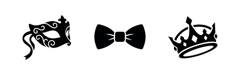 Fototapeta premium Three black icons: a masquerade mask, a bow tie, and a crown, on a white background.