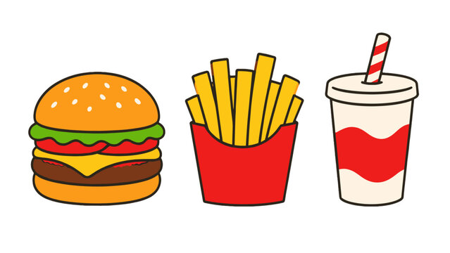 Fast food sketch icons with burger fries and soft drink cup