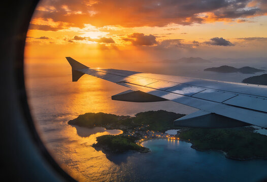 Airplane wing over tropical islands at sunset from plane window