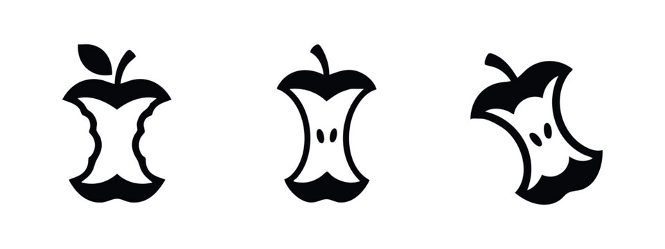Three black icons of apple cores in different styles on a white background.