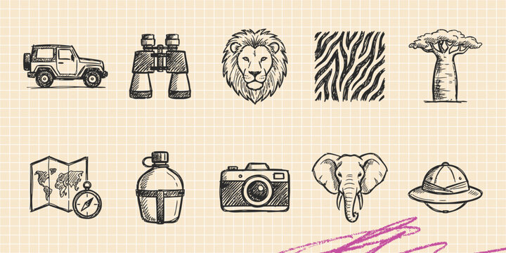 Hand drawn vintage black ink scribble doodle vector set of home interior furniture space astronomy medical and beach items