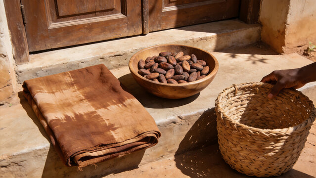 Mud cloth fabric with shea nuts and woven basket, West African craft and natural decor.