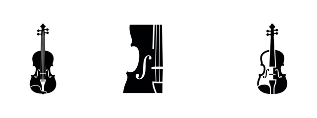 Three black icons of violins and a cello body in different views on a white background. © Lili