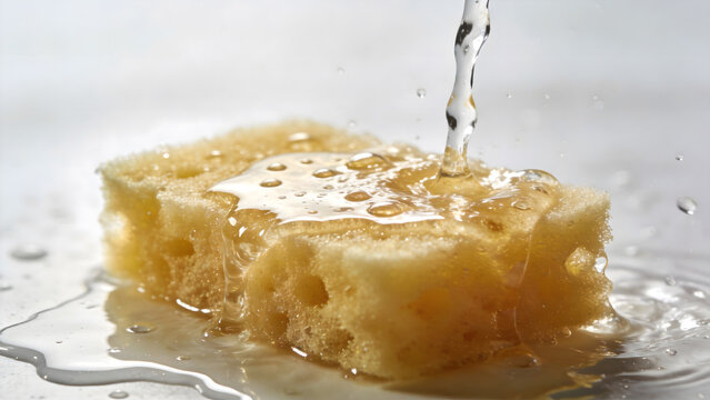 A water-soaked sponge expanding with reflective surface and droplets.
