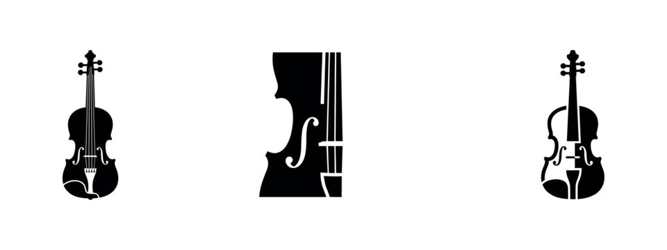 Three black icons of violins and a cello body in different views on a white background.