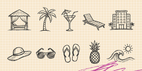 Hand drawn vintage black ink scribble doodle vector set of home interior furniture space astronomy medical and beach items © Broke Stoke