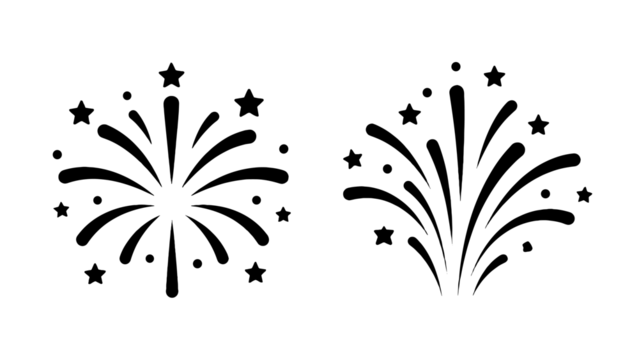 Black firework burst icons with stars in simple vector style