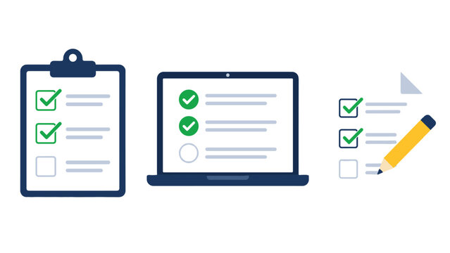 Checklist icons on clipboard laptop and form document vector