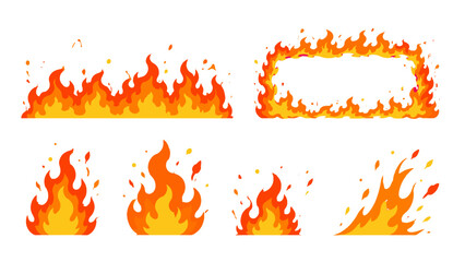Cartoon fire flames set with burning border and frame elements © Mark