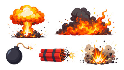 Cartoon explosion set with fire, smoke, bomb and dynamite © Mark