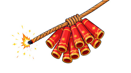 Group of red firecrackers hanging from a burning rope © Mark