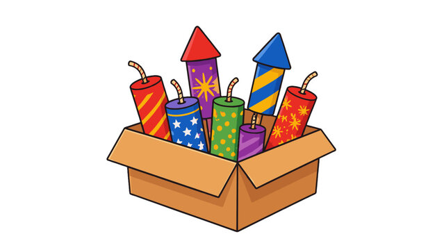 Cartoon fireworks and firecrackers in an open cardboard box
