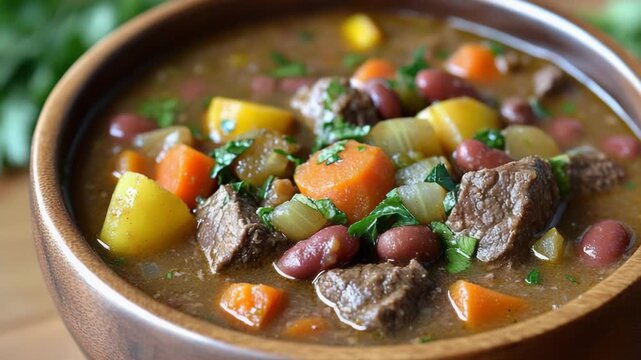 selective focus comforting beef stew close-up with hearty vegetables and rich gravy texture