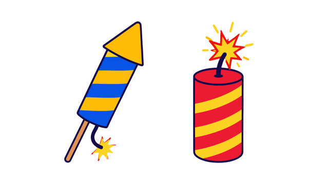 Cartoon rocket and firecracker fireworks isolated on white