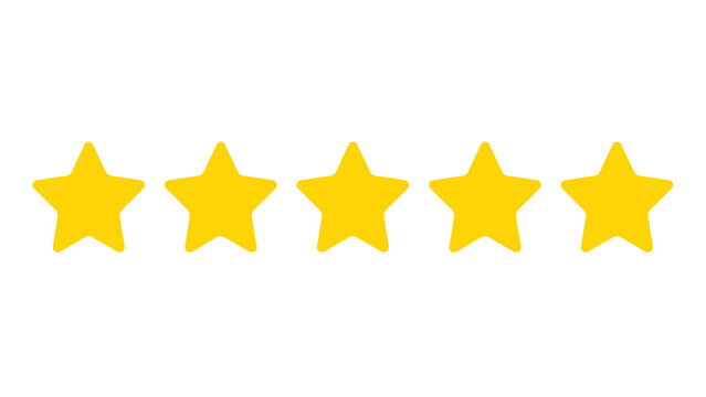 Five yellow stars rating icon row isolated on white background