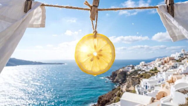 Dolly in tracking shot of lemon slice swinging on clothesline between white linens above mediterranean seaside village on sunny summer day