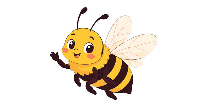 Cute cartoon bee character flying with translucent wings