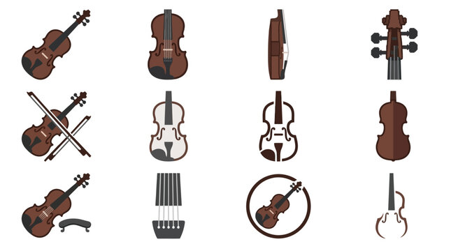 Various violins and music accessories arranged on a plain surface.