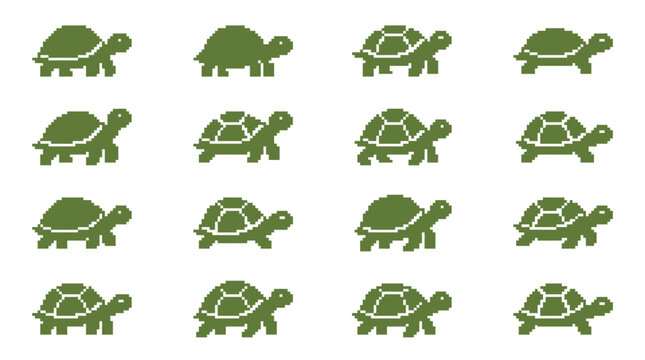 Green turtles are walking in various directions on a white background in I