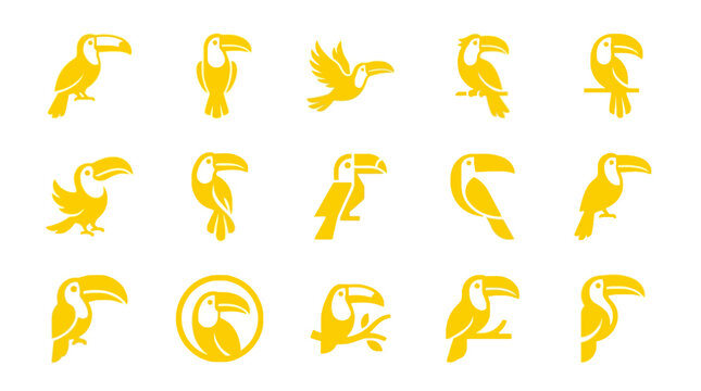 A collection of various colorful toucan illustrations in different poses and flying.