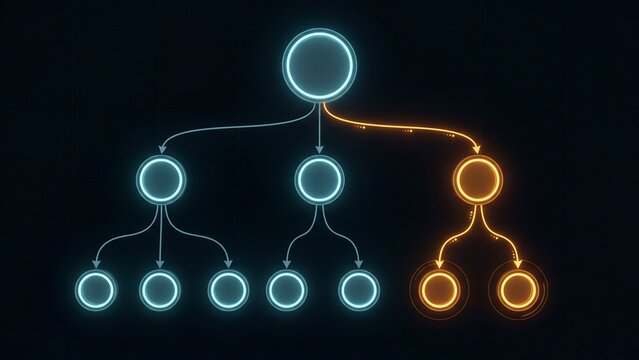 Glowing Neon Hierarchical Tree Diagram Showing Highlighted Anomaly Branch Path for AI Decision Tree Machine Learning and Network Concept