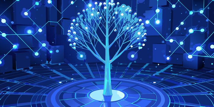 Abstract glowing digital tree network, vector