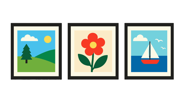 Set of three framed flat illustrations with landscape flower and sailboat