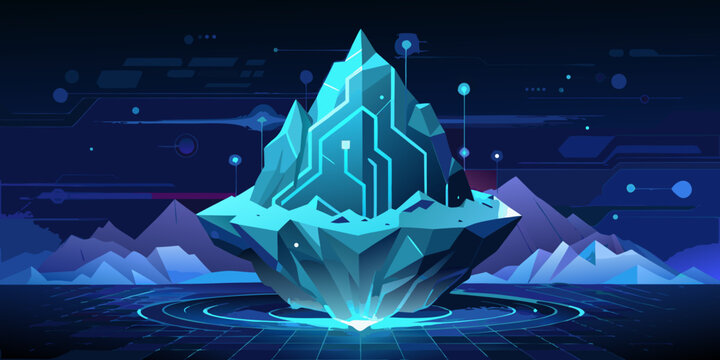 Futuristic digital iceberg with glowing circuit lines, vector