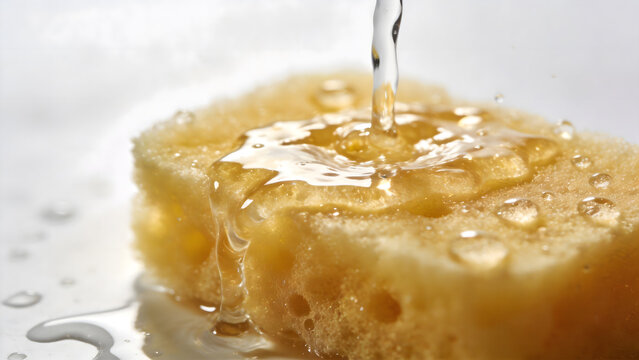 A water-soaked sponge expanding with reflective surface and droplets.