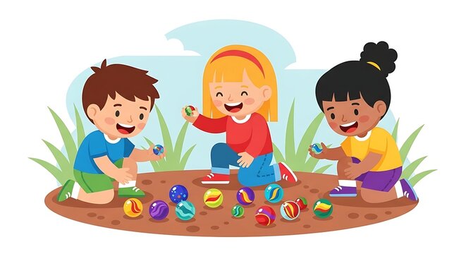 Cute cartoon illustration of kids playing marbles on the ground