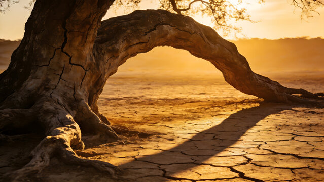 An old gnarled tree with cracked bark bending over parched earth.