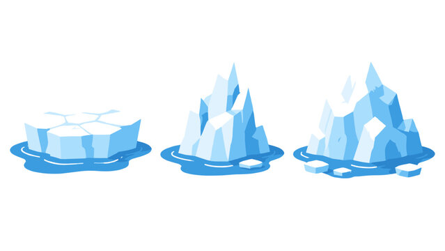 Blue ice floes and icebergs floating on water vector set