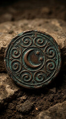 Fototapeta premium Ancient bronze artifact with moon and star motif, showing patina, symbolizing history, culture, and heritage, perfect for decorative or thematic use