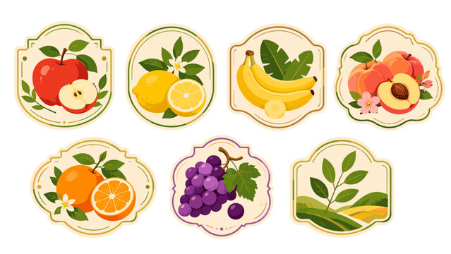 Vintage fruit label set with apple lemon banana peach and grape