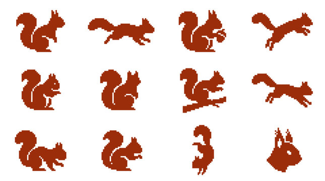 A collection of various squirrel silhouettes jumping and playing outdoors in nature.