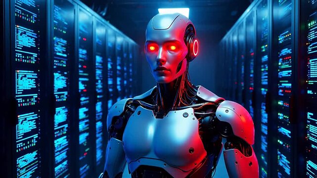 Cyborg in server room with glowing eyes
