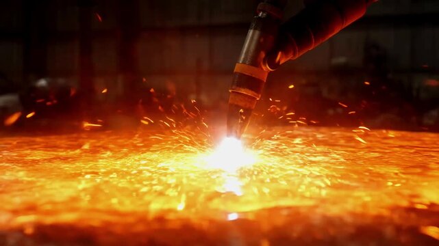 Intense molten metal welding sparks flying during heavy industrial forging process high heat and bright light
