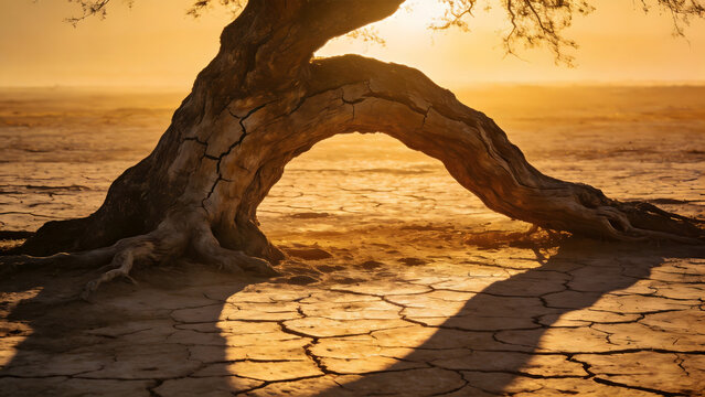 An old gnarled tree with cracked bark bending over parched earth.