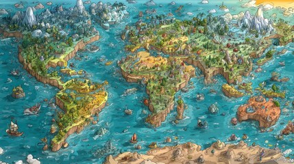 Obraz premium Whimsical hand-drawn world map depicting diverse biomes, sailing vessels, and fantastical landscapes across continents, rendered in a vibrant, cartoonish style with exaggerated features