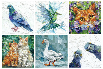 Fototapeta premium impasto oil painting animal collection with pigeon hummingbird cats goose and blue parrots textured palette knife wall art set