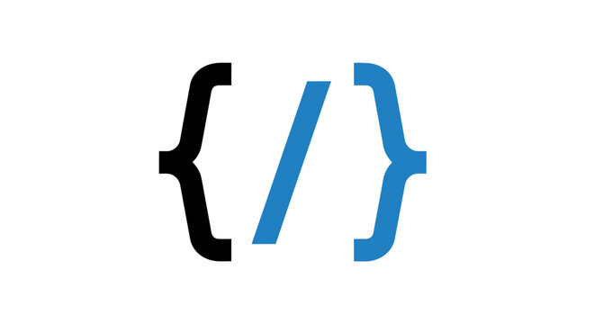 A simple graphic design of code brackets and a slash symbol on a white background