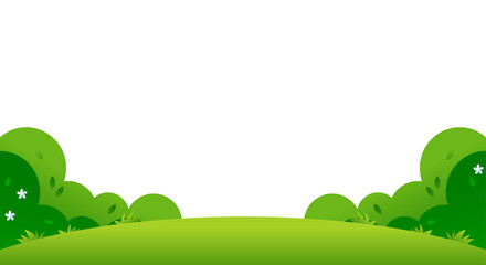 Fototapeta premium Cartoon nature scene with green grass hill and bushes isolated on white background for copy space.