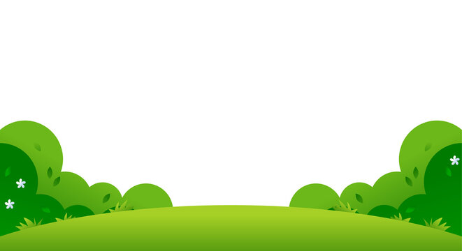 Cartoon nature scene with green grass hill and bushes isolated on white background for copy space.