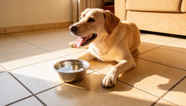 Golden Labrador retriever resting on tiled floor next to a water bowl in warm sunlight, pet hydration and domestic animal care in a bright living room