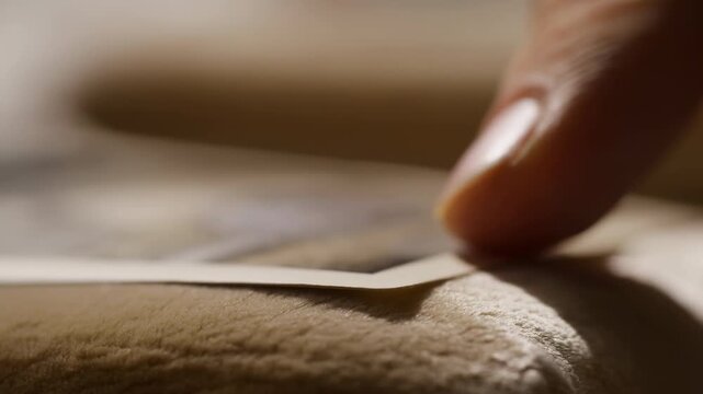 Close-up fingertip pressing adhesive bandage onto skin with warm soft light and shallow depth