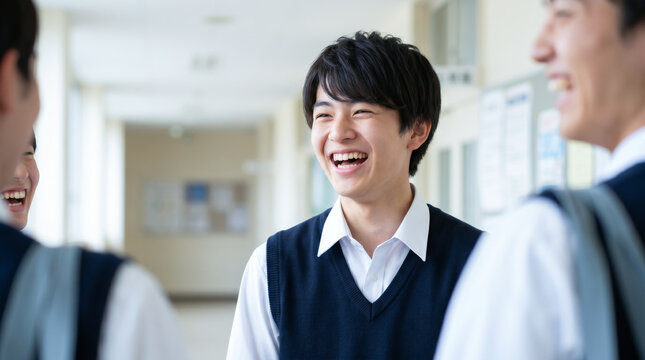 笑顔の男子高生たち　学校生活を楽しむ制服姿の学生