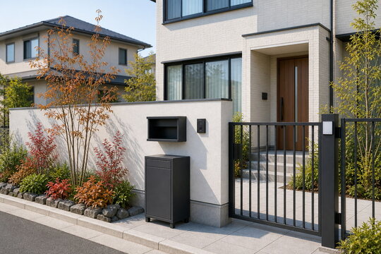 秋の植栽と宅配ボックスの住宅外観