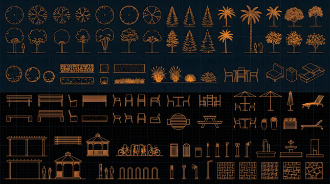 Landscape Architecture Site Furniture CAD Blocks Vector Set &ndash; Benches, Tables, Bollards, Planters and Urban Site Plan Symbols Multi-View AutoCAD Blueprint Technical Drawing