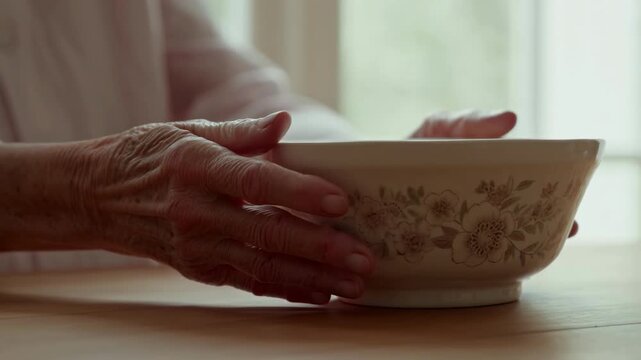 Elderly hands lowering floral porcelain bowl onto wooden table in soft window light